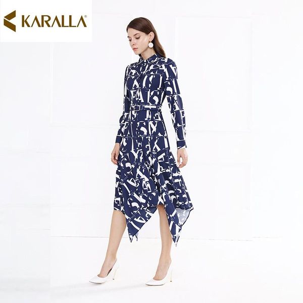 

casual dresses karalla runway fashion 2021 women's turn down collar long sleeves letters printed asymmetrical dressy080, Black;gray