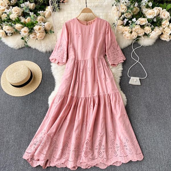 

summer clothes casual sweet women dress embroidery lace round neck short sleeve cozy loose midi, Black;gray