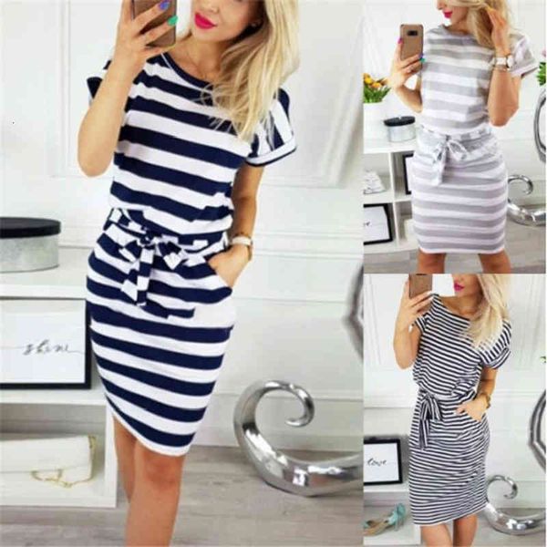 

summer womens dress striped short sleeve o-neck slim bodycon dress ladies solid pockets midi cotton plus size, Black;gray