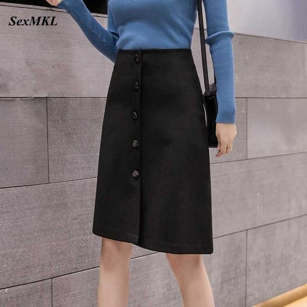 

fashion plus size skirts womens high waist black skirt button knee length office korean women a line skirt jupe femme 210528
