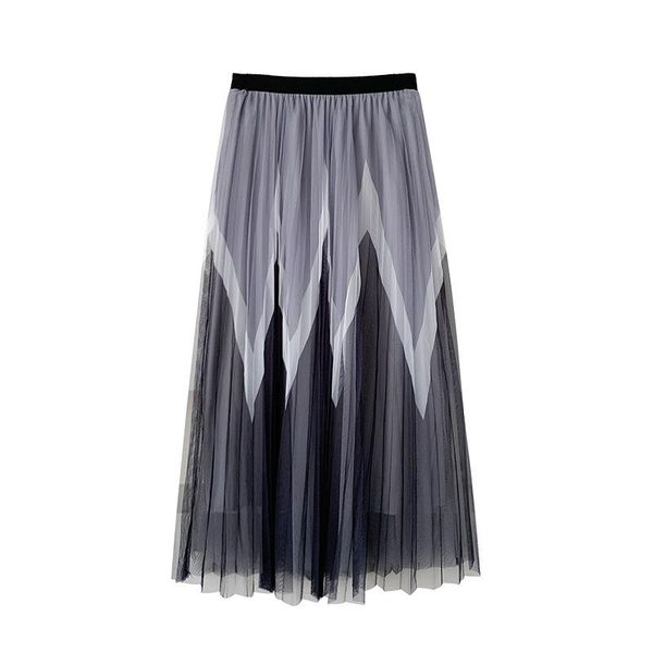 

skirts women elegant gradient color geometric high waist tulle pleated summer female 2021 mid calf mesh long skirt t028, Black
