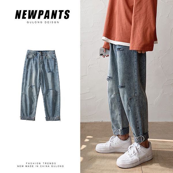 

Ripped Jeans Mens Fashion Washed Retro Casual Hole Jeans Men Streetwear Wild Loose Hip Hop Straight Denim Trousers Mens, Blue