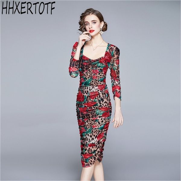 

spring summer women leopard rose floral printed mesh sheath dress square collar pack hip puff sleeve 210531, Black;gray