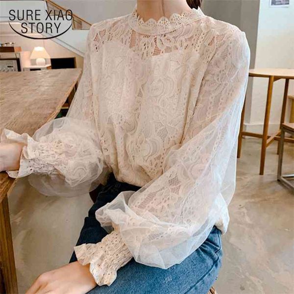 

spring o-neck woman shirt lace blouse women long sleeve sweet female camisa korean vintage office lady clothes 210421, White