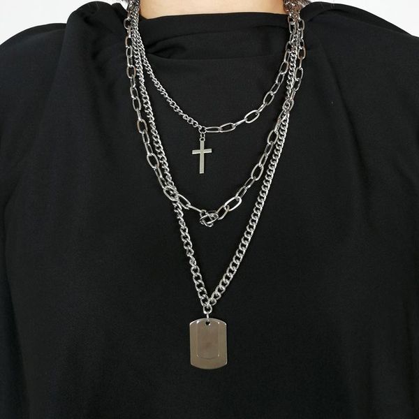 

pendant necklaces multilayer jewelry square couple punk trendy women hip hop cross long chain metal men cool personality coin fashion neckla, Silver