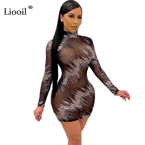 

liooil silver sequin mesh sheer bodycon mini dress women 2021 long sleeve o neck see through night club party tight dresses casual, Black;gray