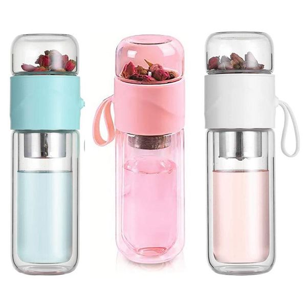 

double wall glass tea bottle cup with infuser portable strainer leak-proof 390ml wine glasses