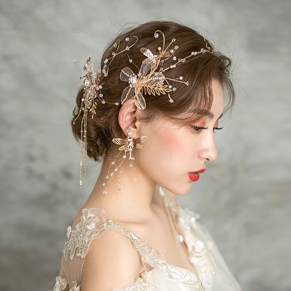 

wedding jewelry sets luxury golden headband european bride side clip hair accessories rhinestone beaded headdress with drop earring handmade, Slivery;golden