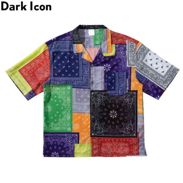 

bandana patchwork street shirt men turn-down collar vintage men's shirt summer man clothing 210603, White;black