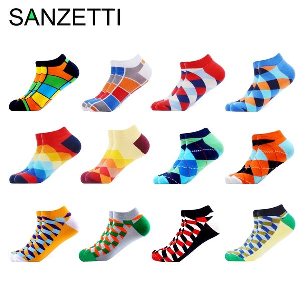

sanzetti 6-12 pairs/lot men's ankle socks casual novelty colorful summer happy combed cotton short socks plaid dress boat socks 210727, Black