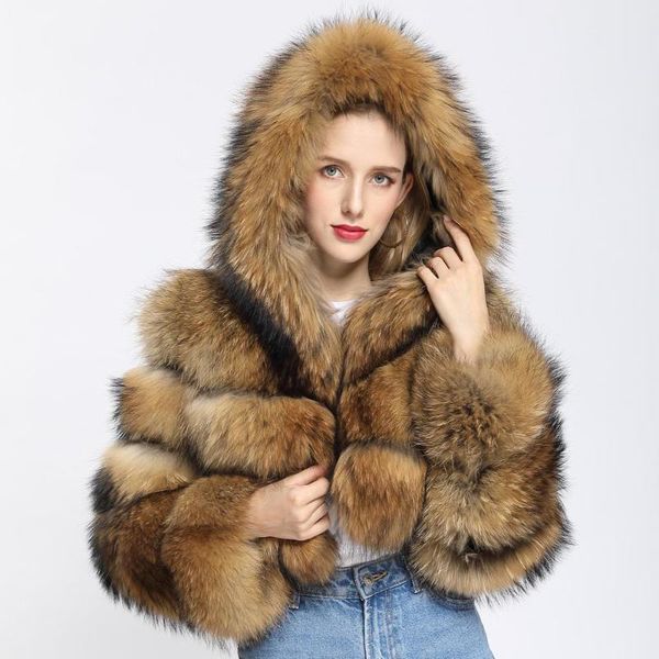 

women's fur & faux women real raccoon short coat winter natural furry hooded jacket long sleeves fashion outerwear, Black