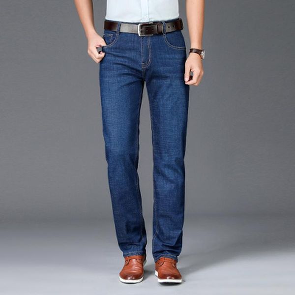 

men's jeans slim straight classic embroidery 2021 spring and summer brand clothing ice silk thin stretch cotton denim, Blue