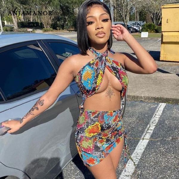 

casual dresses 2021 women sets print summer dress women's club outfits cut out cross halter backless mini bodycon, Black;gray
