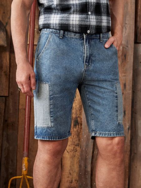 

men color block slant pocket denim shorts b7mt#, Blue