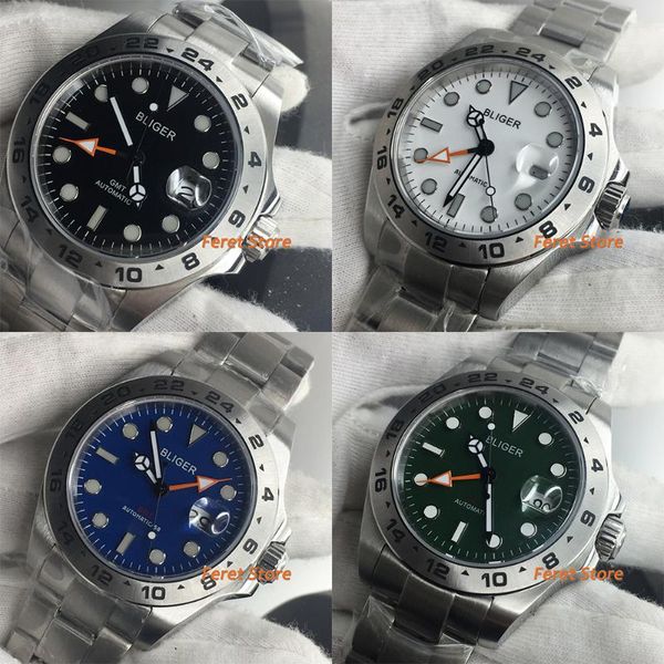 

43mm gmt function sterile automatic men's watch date display sapphire glass oysert bracelet brushed case luminous hands wristwatches, Slivery;brown