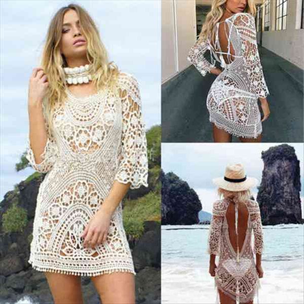 

swimwear cover up white lace womens dress tunic beach clothing backless bathing suit crochet bikini swimming wear, Black;gray