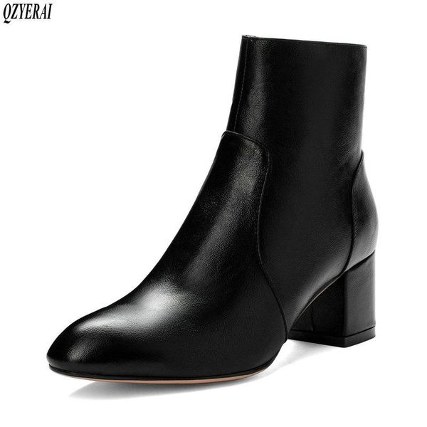 

boots qzyerai genuine leather footwear 2021 arrival ankle rubber riding feminine shoes women's high heels booties, Black