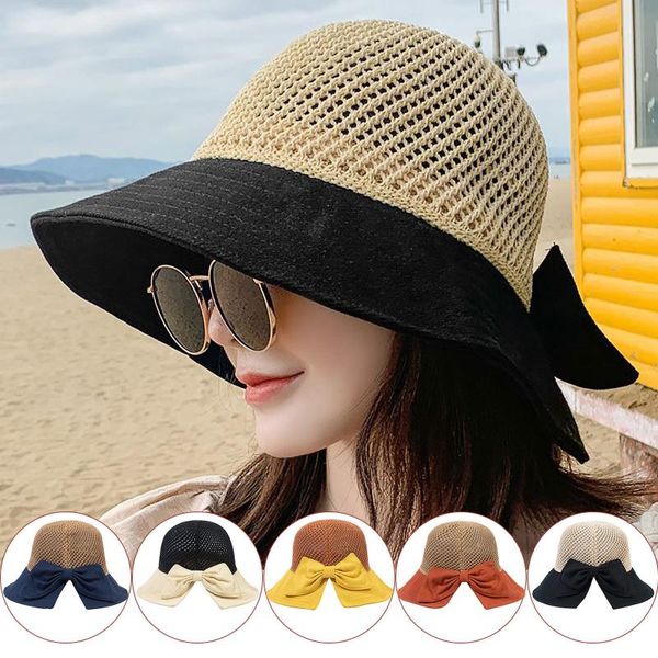 

wide brim hats summer knitted stitching bowknot hollowed out water ink painting sunshade sun hat big edge fisherman's, Blue;gray