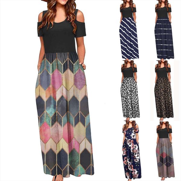 

summer sundress casual long women dresses plus size striped floral print short sleeve maxi daily, Black;gray