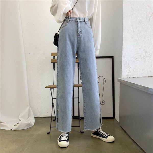 

hzirip brief loose straight ankle length fork trousers high waist jeans female all match women denim plus size split pants women's, Blue