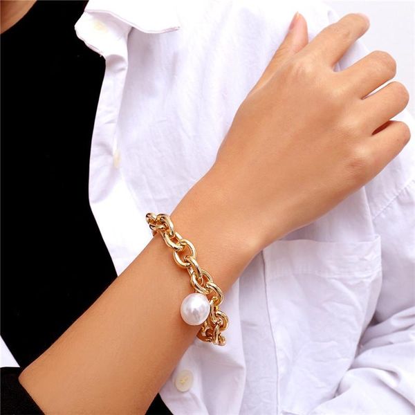 

link, chain couples bracelets charm imitation pearl bangle for women armband steampunk lock chunky friend couple jewelry, Black