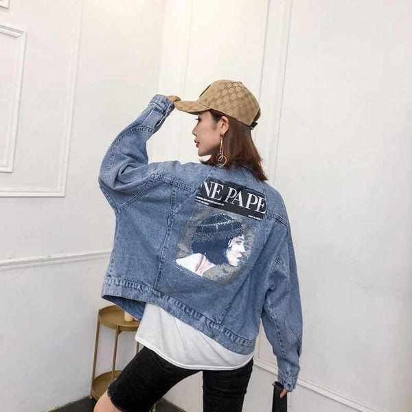 

women's jackets fashion women jean jacket loose solid long sleeve coat plus size letter pattern girl print denim, Black;brown