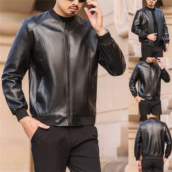 Moda masculina pura jaqueta de couro preto simples jaqueta de couro casual outono e inverno estilo fino curto jaqueta de couro curto 211110