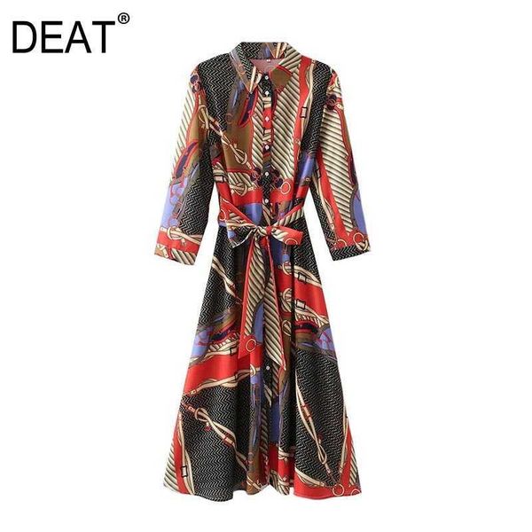 

[deat] summer fashion single-breasted turn-down collar high waist knee-length long sleeve printing dress 13q250 210527, Black;gray