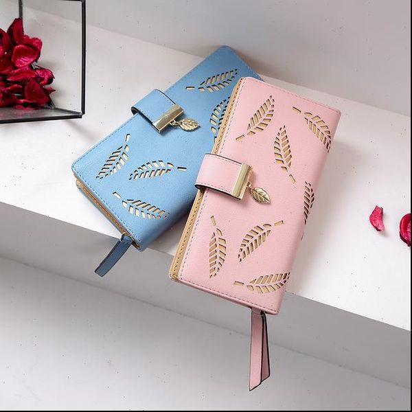 

brand gold hollow leaves women wallet soft pu leather womens clutch female designer wallets coin card purse, Red;black