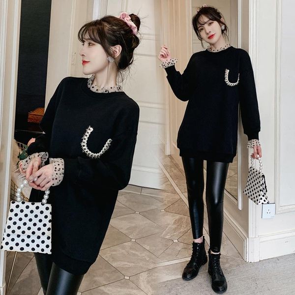 

maternity clothes 2021 winter style korean-style large size hoodie brushed and thick loose-fit mid-le bottoms, White
