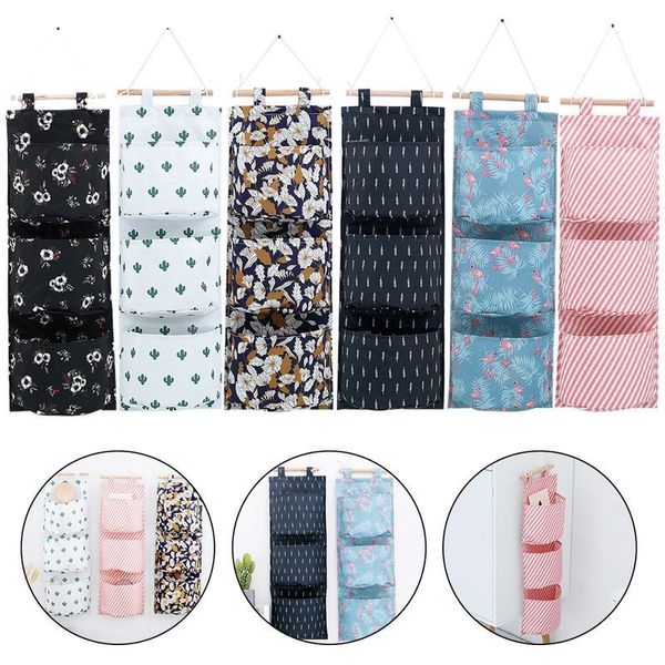 

storage boxes & bins 3 pockets cotton linen printing hanging bag wall mounted wardrobe hang pouch cosmetic toys organizer