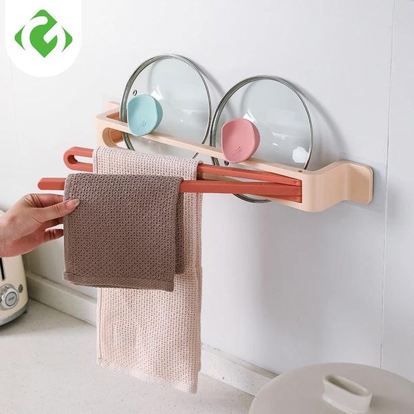 

plastic self-adhesive towel rack rotatable 3 bar wall-mounted bathroom frame kitchen pot lid shelf pendant toilet paper holder racks