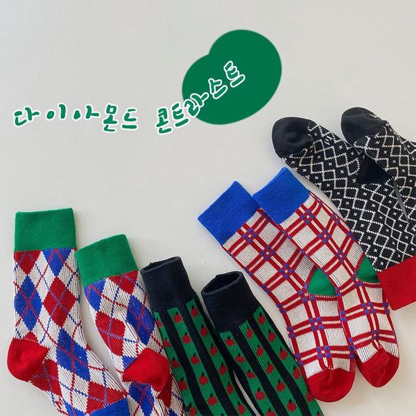 

socks autumn winter boys and girls fashion knitted plaid 4 pairs sets children suits, Pink;yellow