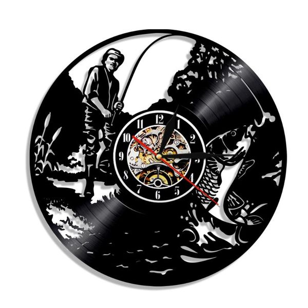 

fishing sign fish rod hook record wall clock modern design home decor watch timepiece art for fishermen gift clocks