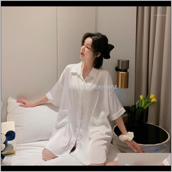 

sleepwear womens underwear apparel drop delivery 2021 summer white print flower faux silk sleepshirt nightdress nightgown pocket notched, Black;red