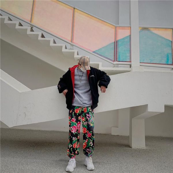 

women's pants & capris harajuku bf wind peony flower streetwear hip-hop lantern harem casual trousers men and women tide, Black;white