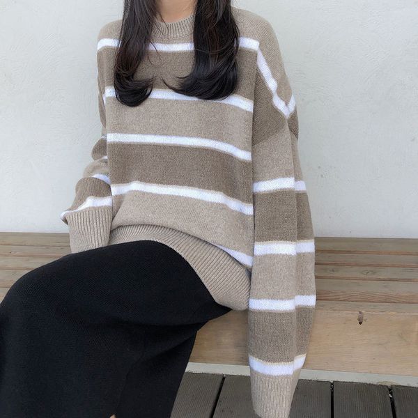 

autumn winter korean style knitted sweaters womens loose striped sweater and pullovers female (x1616) 210423, White;black