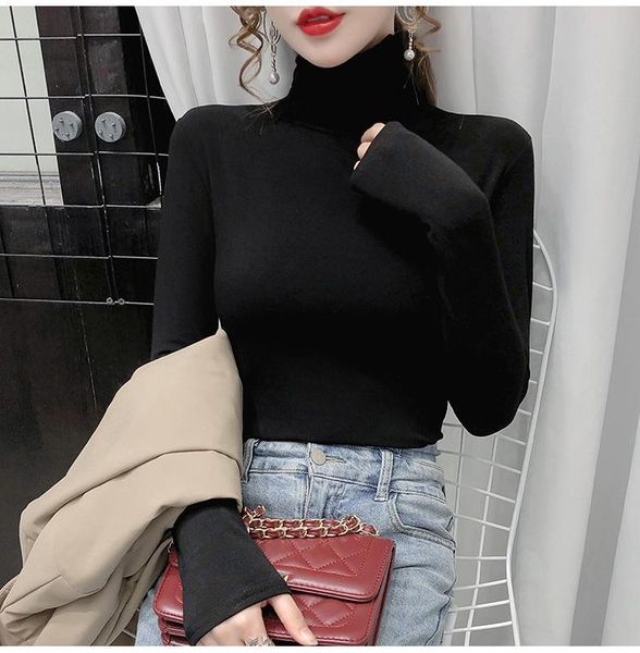 

women's t-shirt 2021 high collar solid color long-sleeved slim women autumn and winter, White