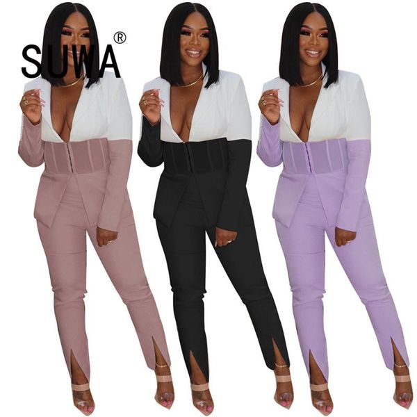 

women's two piece pants women long-sleeved v-neck waist hidden button jacket tights street fashion casual trousers set autumn, White