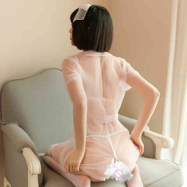 

ojbk erotic perspective chiffon lace lingerie hand-necked deep v sleepwear pink nurse role play costume suit 2021 new 0653, Black;white