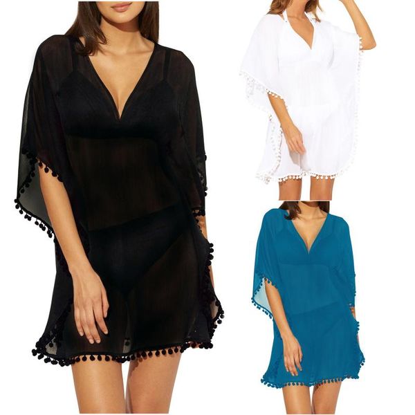 

women's swimwear 2021 chiffon tassels beach wear solid women swimsuit cover up bathing suits summer mini dress loose pareo, White;black