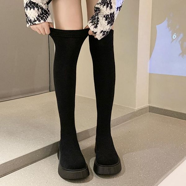 

boots rimocy elastic knitted socks thigh high women thick bottom platform over the knee woman autumn winter slip on botas, Black