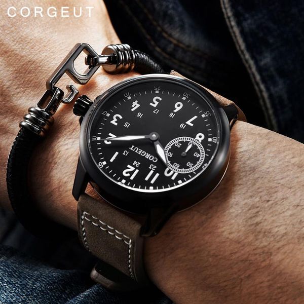 

wristwatches corgeut 44mm men watch military sport clock classic 17 jewels seagull 6497 mechanical hand winding luminous wristwatch, Slivery;brown