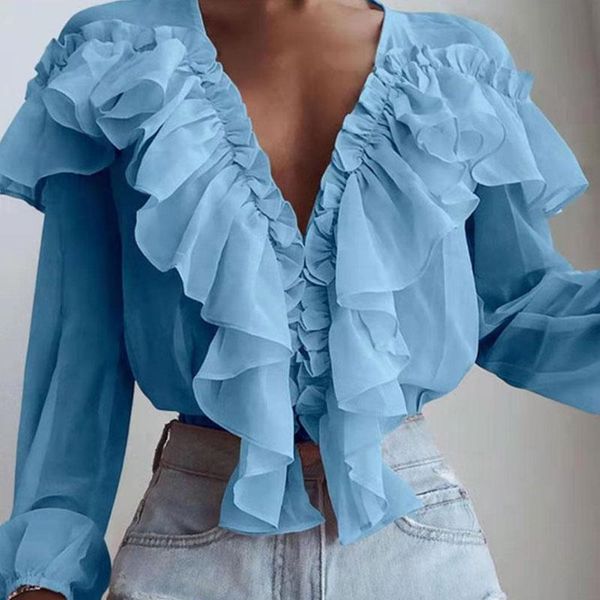 

women's blouses & shirts 2021 summer loose ruffled t-shirt chiffon for women solid color plus size tees tunic shirt fit pullover, White