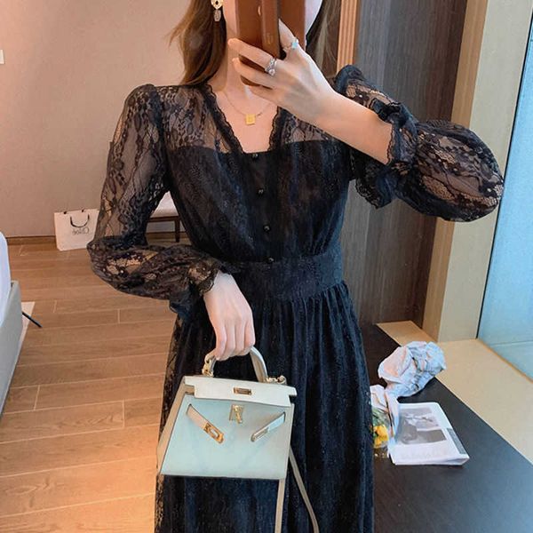 

elegant lace black dress korean slim women long sleeve midi winter lady evening party es for 210604, Black;gray