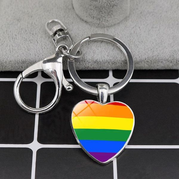 

gay lesbian pride rainbow heart keychain pendant with lobster buckle car key chain keyring couple keychains lgbt jewelry gift, Silver