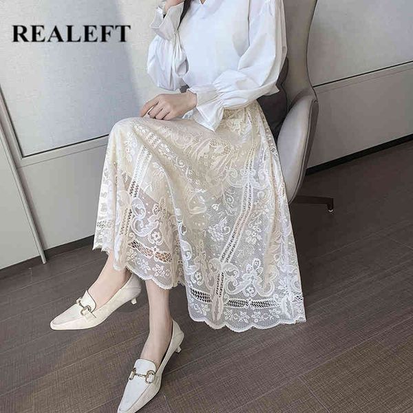 

elegant women's lace crochet umbrella skirts high waist hollow out female office midi spring summer 210428, Black