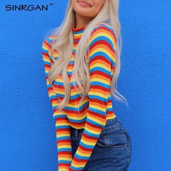 

long sleeve rainbow stripes slim turtleneck pullover autumn knit sweater crop female fashion knitwear women's sweaters, White;black