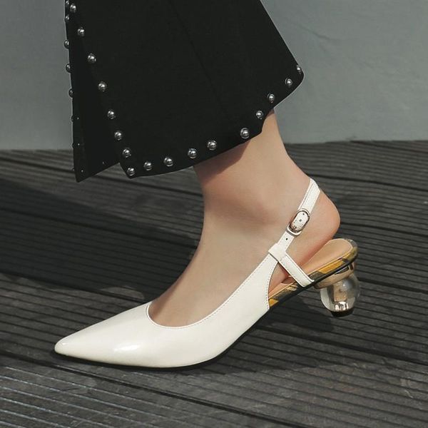 

dress shoes brand transparent heel women high heels pointed toe slingback patent leather pumps strange style, Black