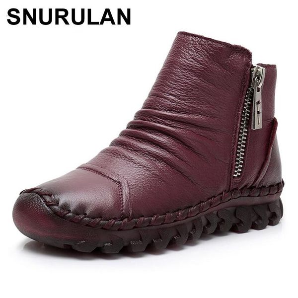 

boots snurulan women's fashion double zipper ankle women genuine leather flat winter shoes woman handmade bootse114, Black